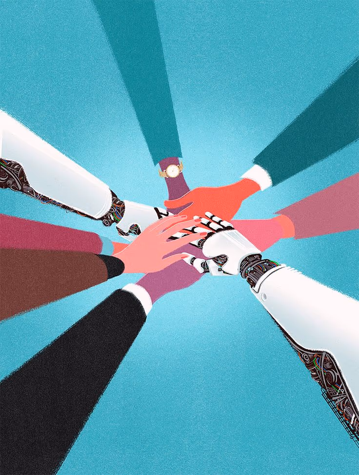 Human and robotic hands representing practical AI collaboration
